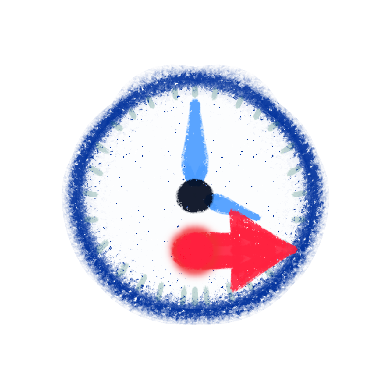 a white clock face with a red dot at the bottom, and a red arrow on the right pointing right very close to the dot, with blue hands.